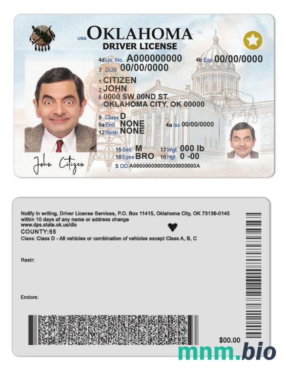 Szablon prawa jazdy USA Oklahoma w formacie PSD, w pełni edytowalny (2020 – obecnie)